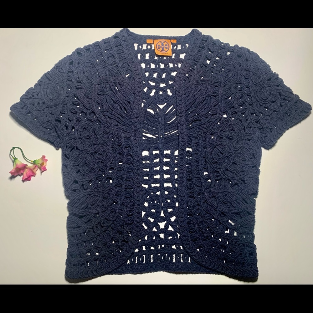 Tory Burch Womens XS navy blue  crochet cardigan